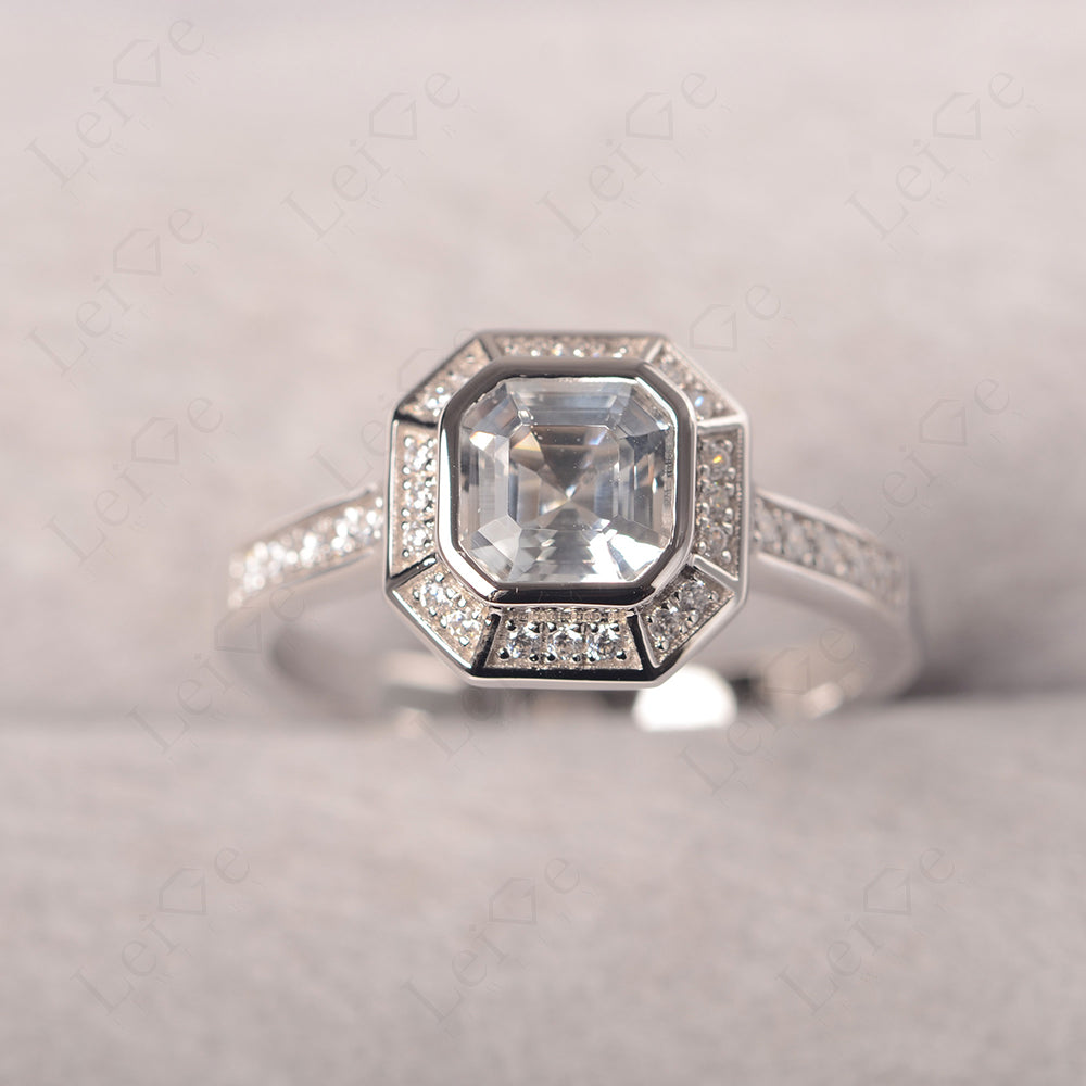 Asscher Cut White Topaz Bezel Set Halo Engagement Ring