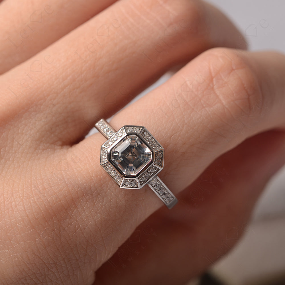 Asscher Cut White Topaz Bezel Set Halo Engagement Ring