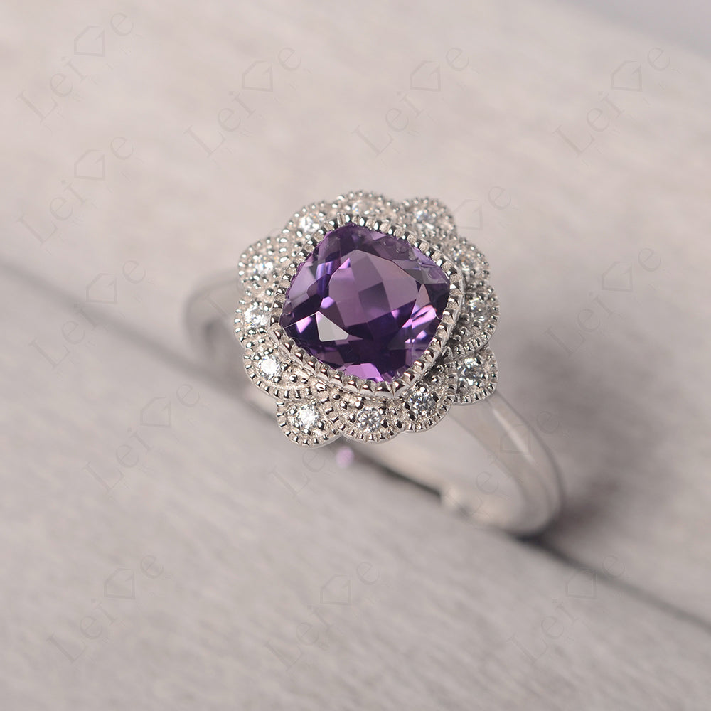 Cushion Cut Amethyst Milgrain Ring