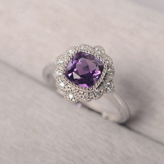 Cushion Cut Amethyst Milgrain Ring