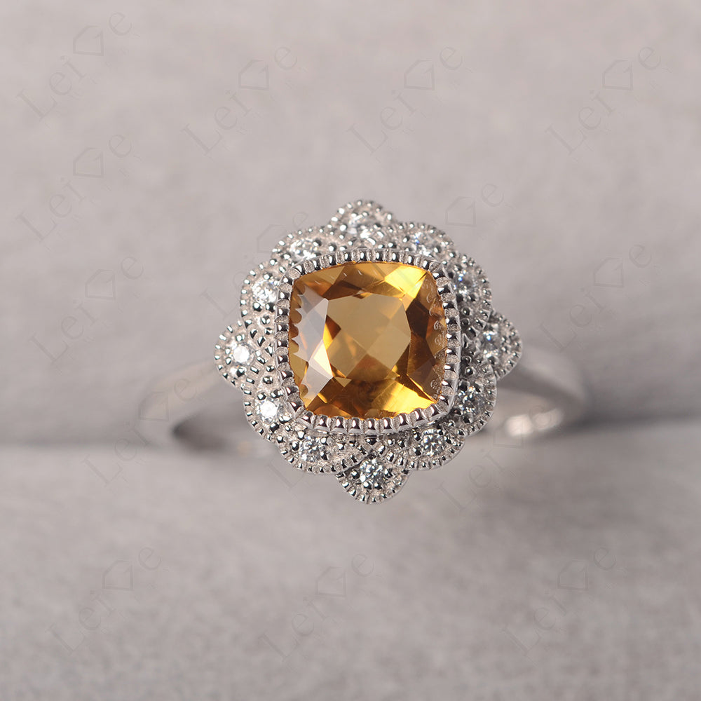 Cushion Cut Citrine Milgrain Ring