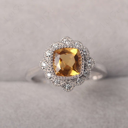 Cushion Cut Citrine Milgrain Ring