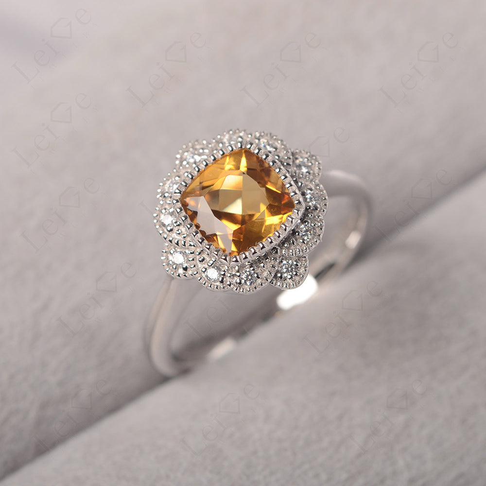 Cushion Cut Citrine Milgrain Ring