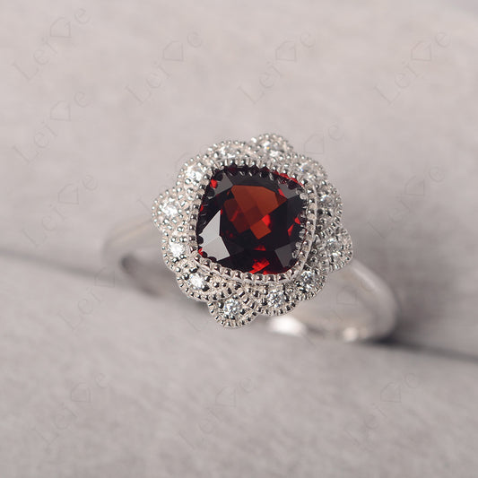 Cushion Cut Garnet Milgrain Ring