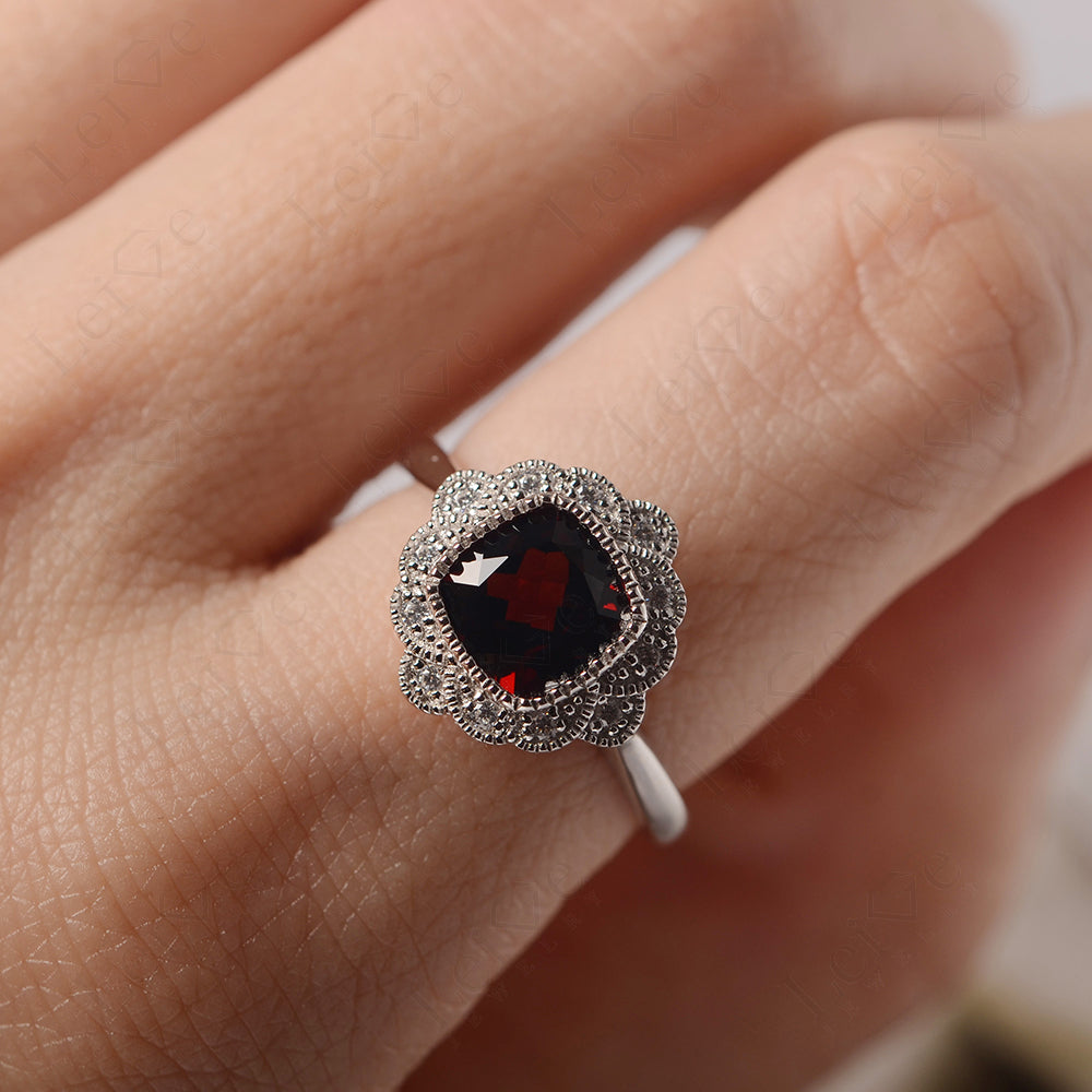 Cushion Cut Garnet Milgrain Ring