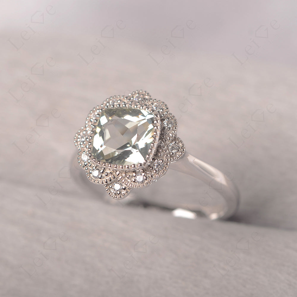 Cushion Cut Green Amethyst Milgrain Ring