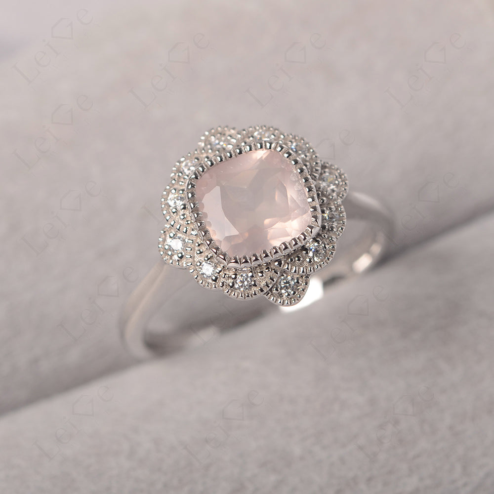 Cushion Cut Rose Quartz Milgrain Ring