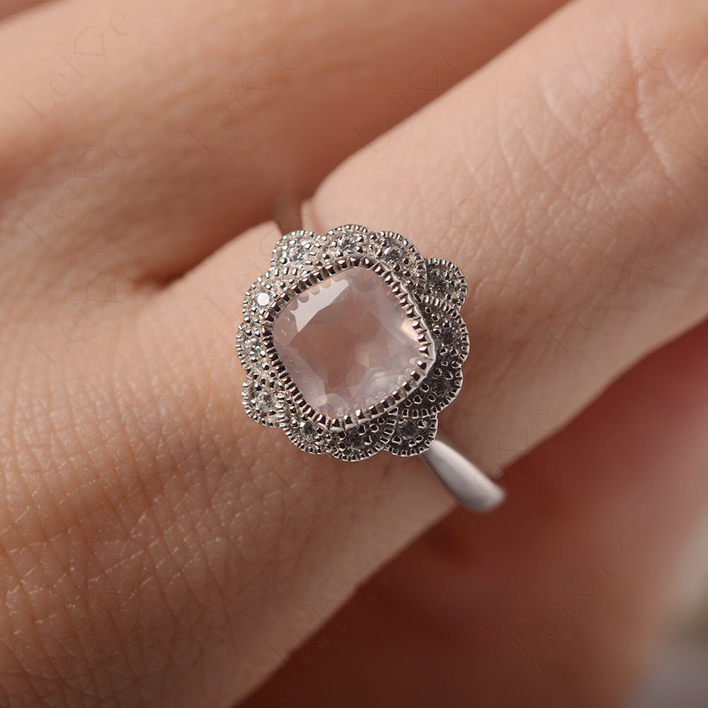 Cushion Cut Rose Quartz Milgrain Ring