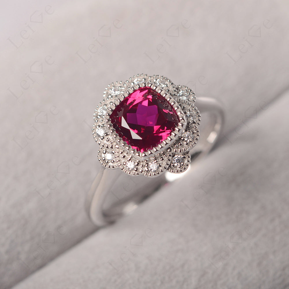 Cushion Cut Ruby Milgrain Ring