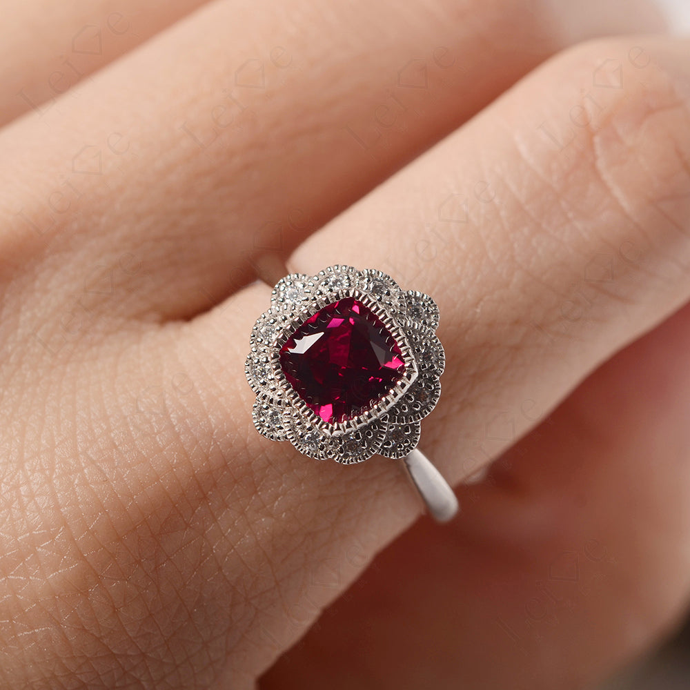 Cushion Cut Ruby Milgrain Ring