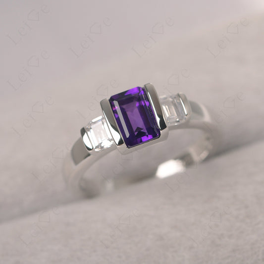 Vintage Amethyst Ring Bezel Set Emerald Cut Ring