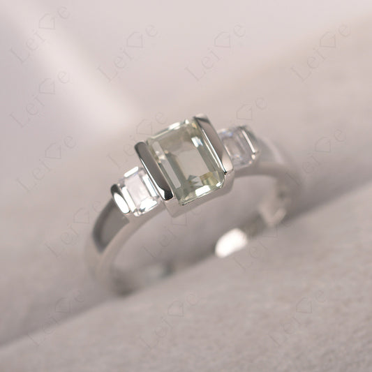 Vintage Green Amethyst Ring Bezel Set Emerald Cut Ring