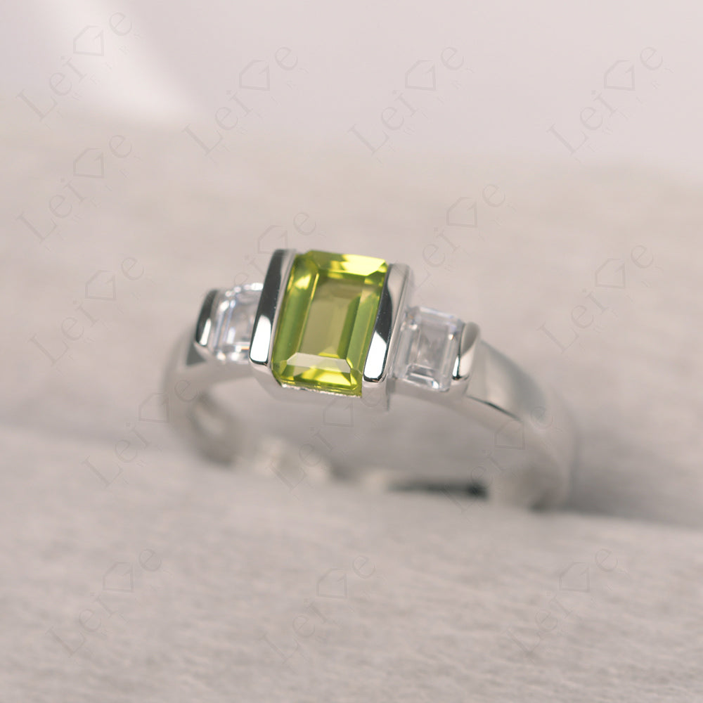 Vintage Peridot Ring Bezel Set Emerald Cut Ring