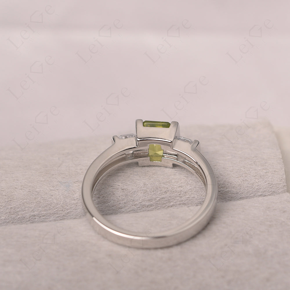 Vintage Peridot Ring Bezel Set Emerald Cut Ring