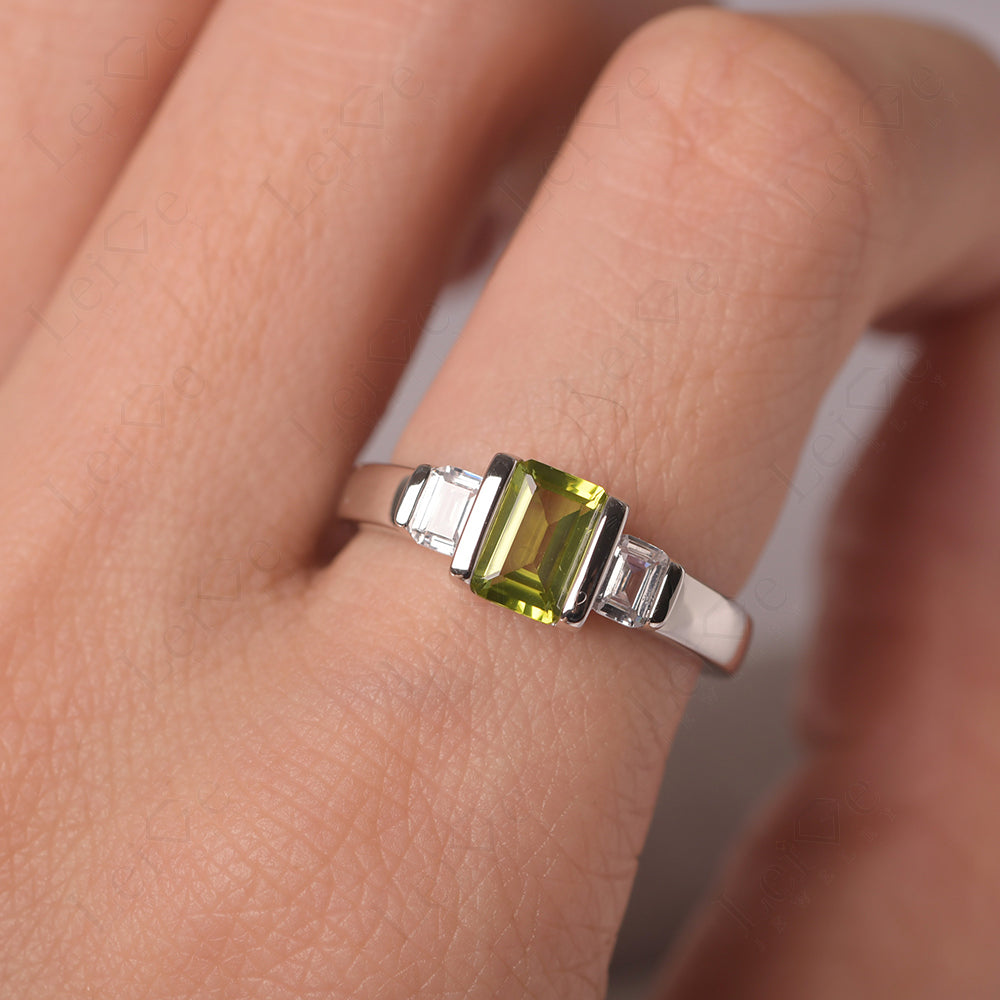 Vintage Peridot Ring Bezel Set Emerald Cut Ring