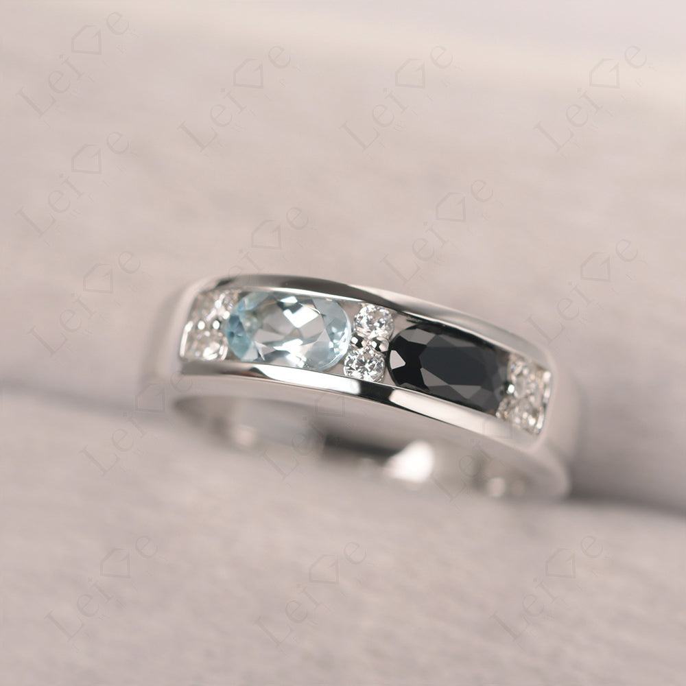 Oval Cut Aquamarine And Black Spinel Toi Et Moi Wide Band Ring