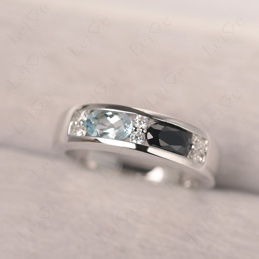Oval Cut Aquamarine And Black Spinel Toi Et Moi Wide Band Ring