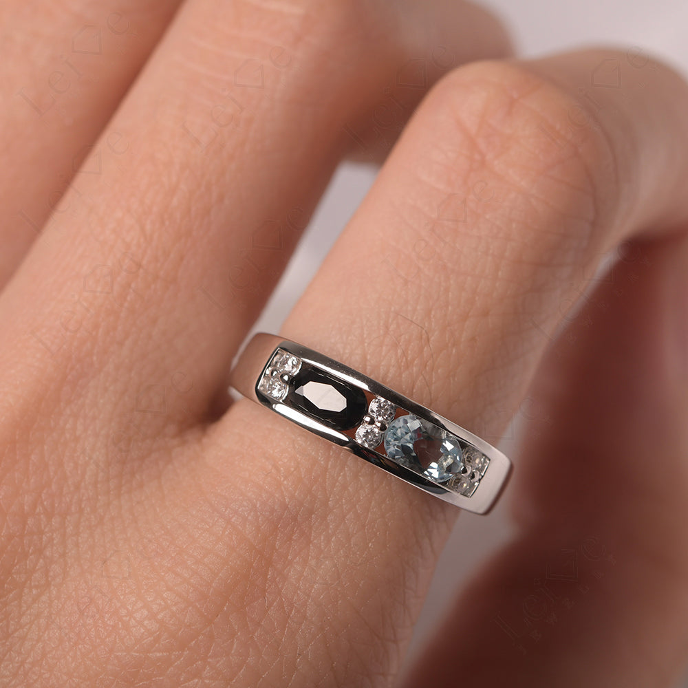 Oval Cut Aquamarine And Black Spinel Toi Et Moi Wide Band Ring