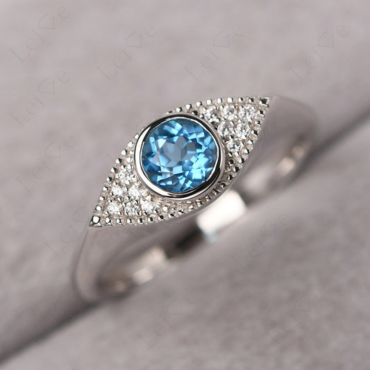 Swiss Blue Topaz Ring Evil Eye Ring Yellow Gold
