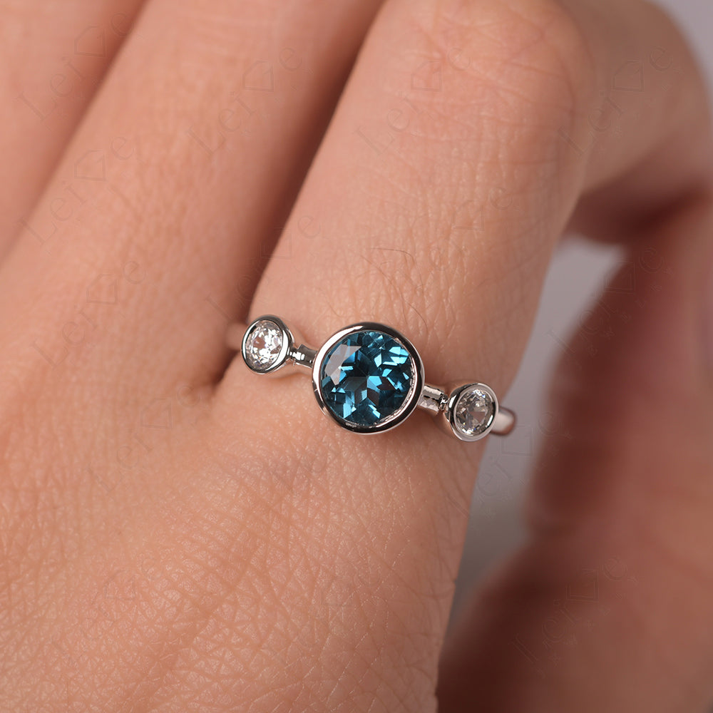 London Blue Topaz Wedding Ring 3 Stone Bezel Set Ring