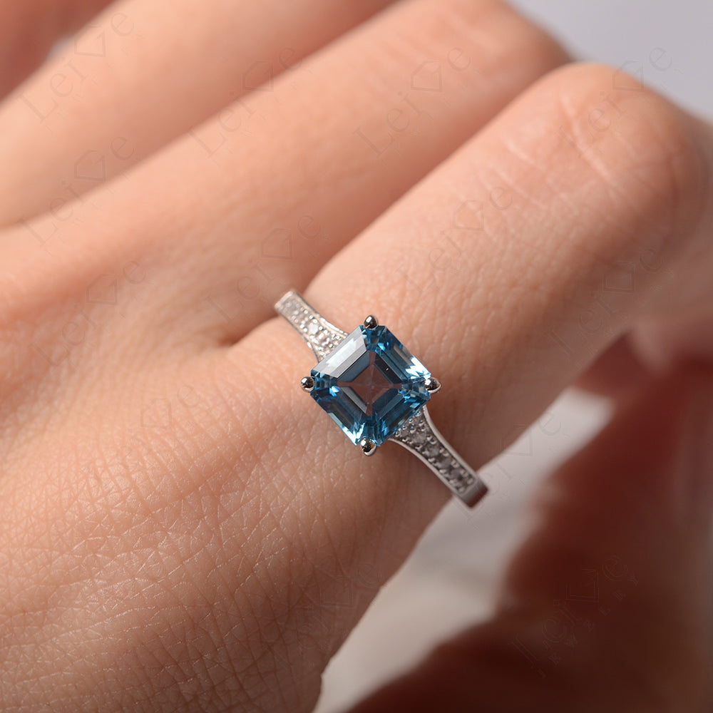 Swiss Blue Topaz Ring Asscher Cut Engagement Ring