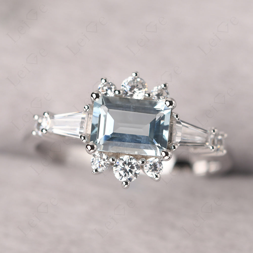 Emerald Cut Aquamarine Horizontal Ring