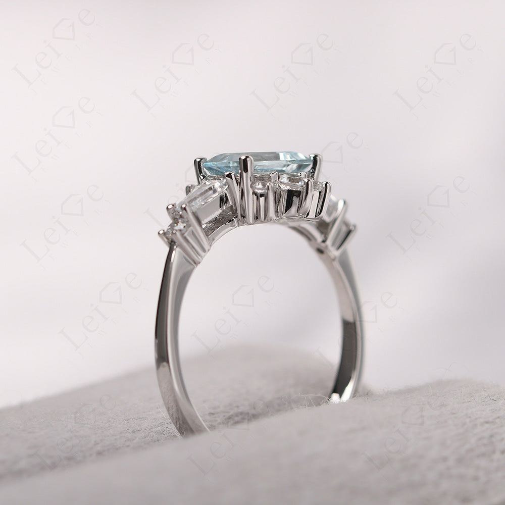 Emerald Cut Aquamarine Horizontal Ring