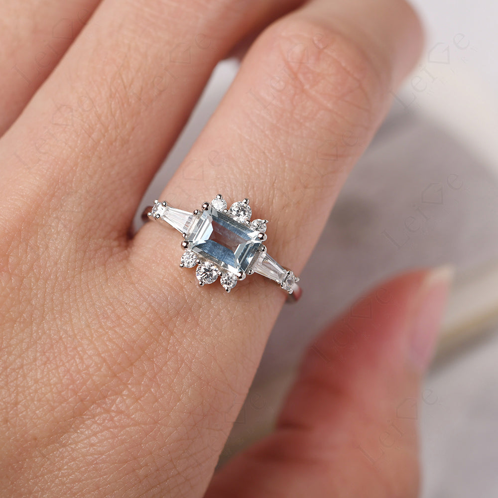 Emerald Cut Aquamarine Horizontal Ring
