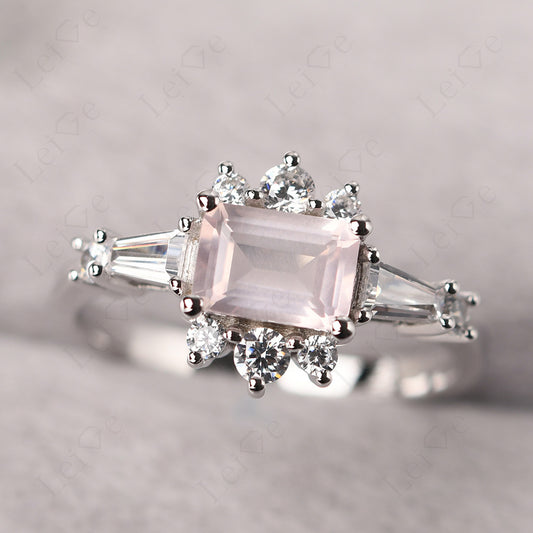 Emerald Cut Rose Quartz Horizontal Ring