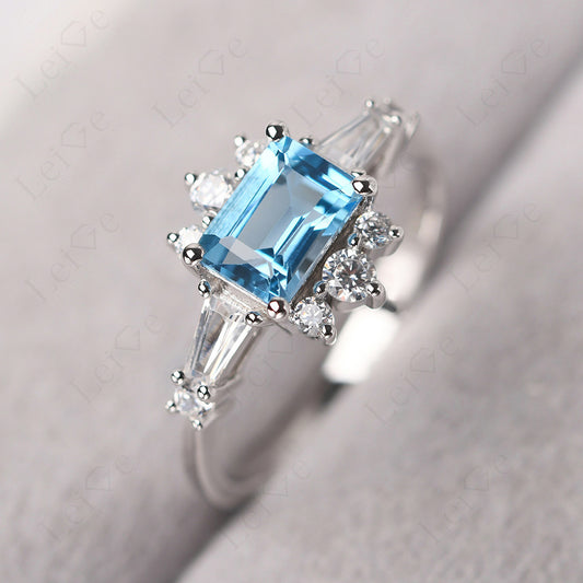 Emerald Cut Swiss Blue Topaz Horizontal Ring