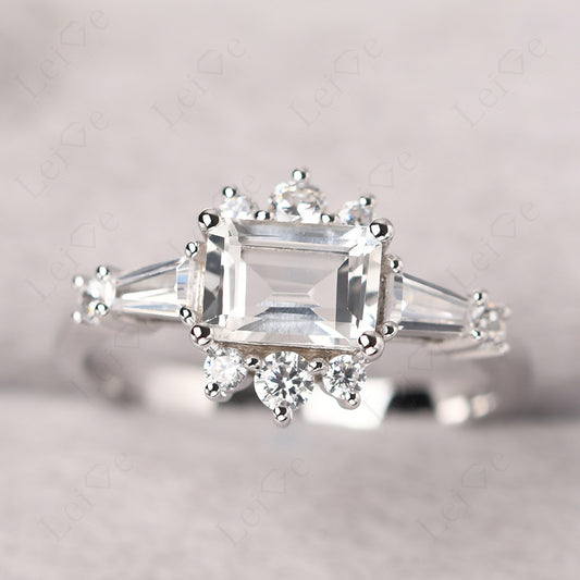 Emerald Cut White Topaz Horizontal Ring