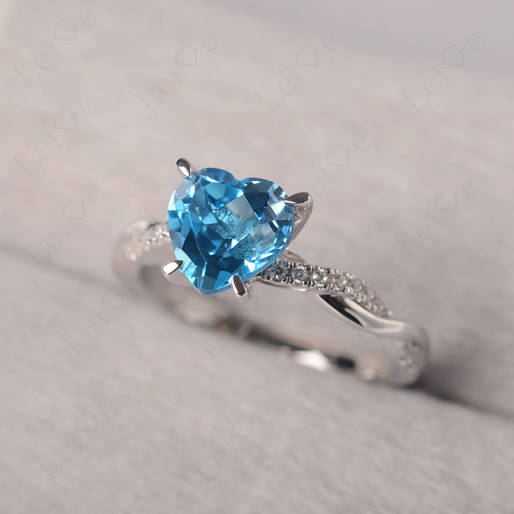 Twisted Heart Shaped Swiss Blue Topaz Ring White Gold