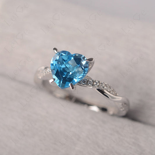Twisted Heart Shaped Swiss Blue Topaz Ring White Gold