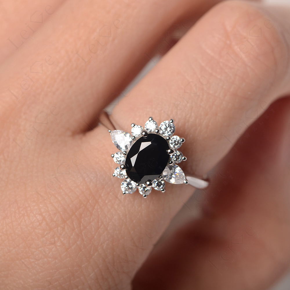 Oval Cut Black Spinel Ring With Pear Side Stone