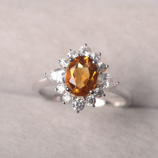 Oval Cut Citrine Ring With Pear Side Stone