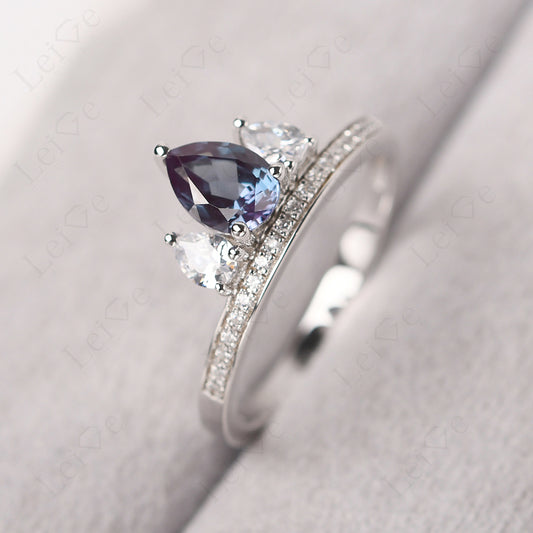 Teardrop Alexandrite 3 Stone Mothers Ring Silver