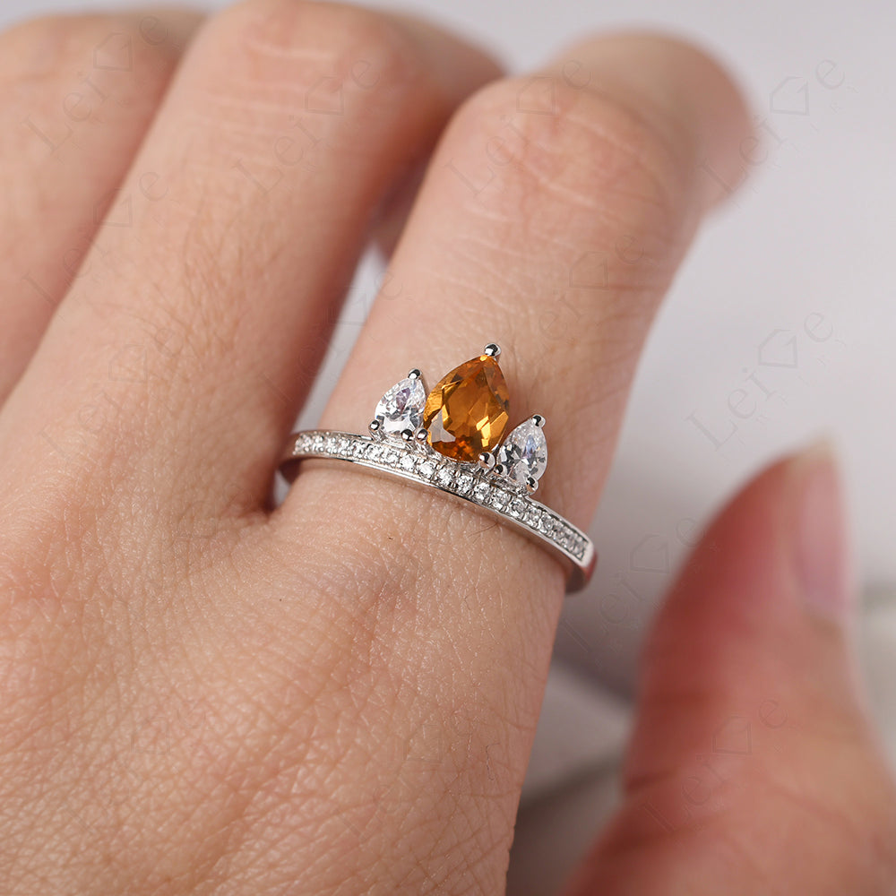 Teardrop Citrine 3 Stone Mothers Ring Silver
