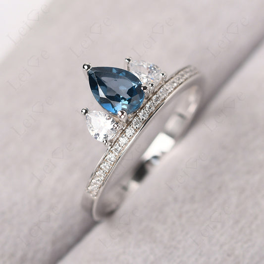 Teardrop London Blue Topaz 3 Stone Mothers Ring Silver