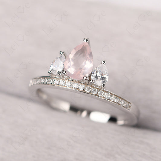 Teardrop Rose Quartz 3 Stone Mothers Ring Silver