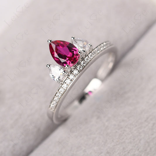 Teardrop Ruby 3 Stone Mothers Ring Silver
