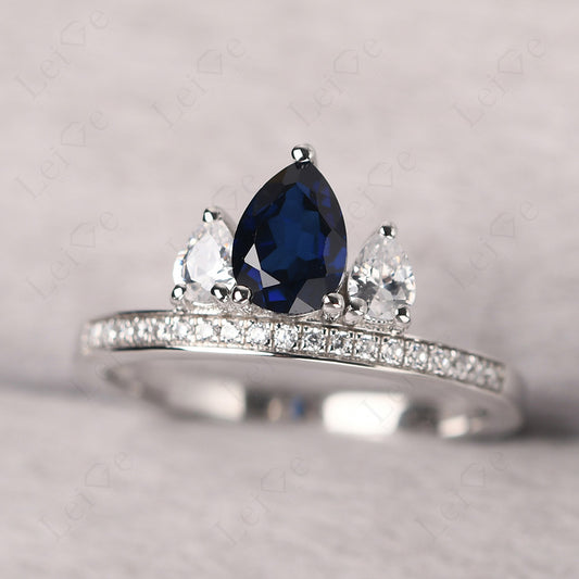 Teardrop Sapphire 3 Stone Mothers Ring Silver