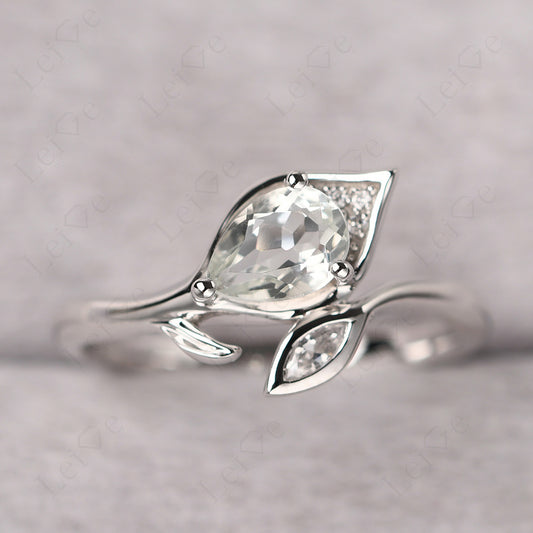 Pear Shaped Green Amethyst Leaf Engagement Ring