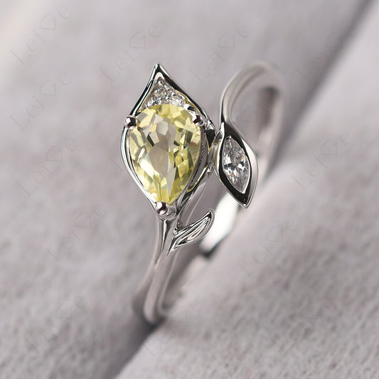 Pear Shaped Lemon Quartz Leaf Engagement Ring