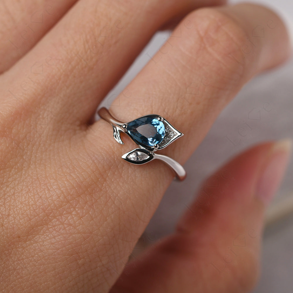 Pear Shaped London Blue Topaz Leaf Engagement Ring
