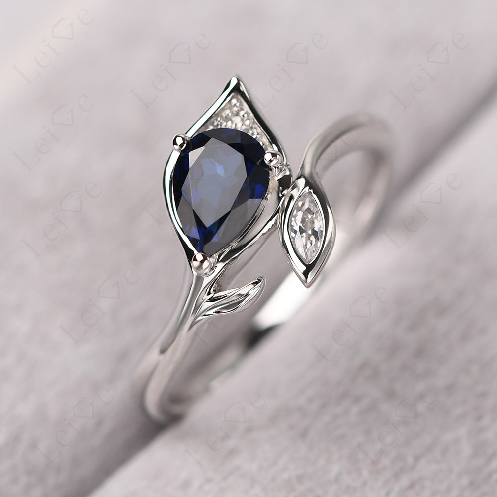 Pear Shaped Sapphire Leaf Engagement Ring