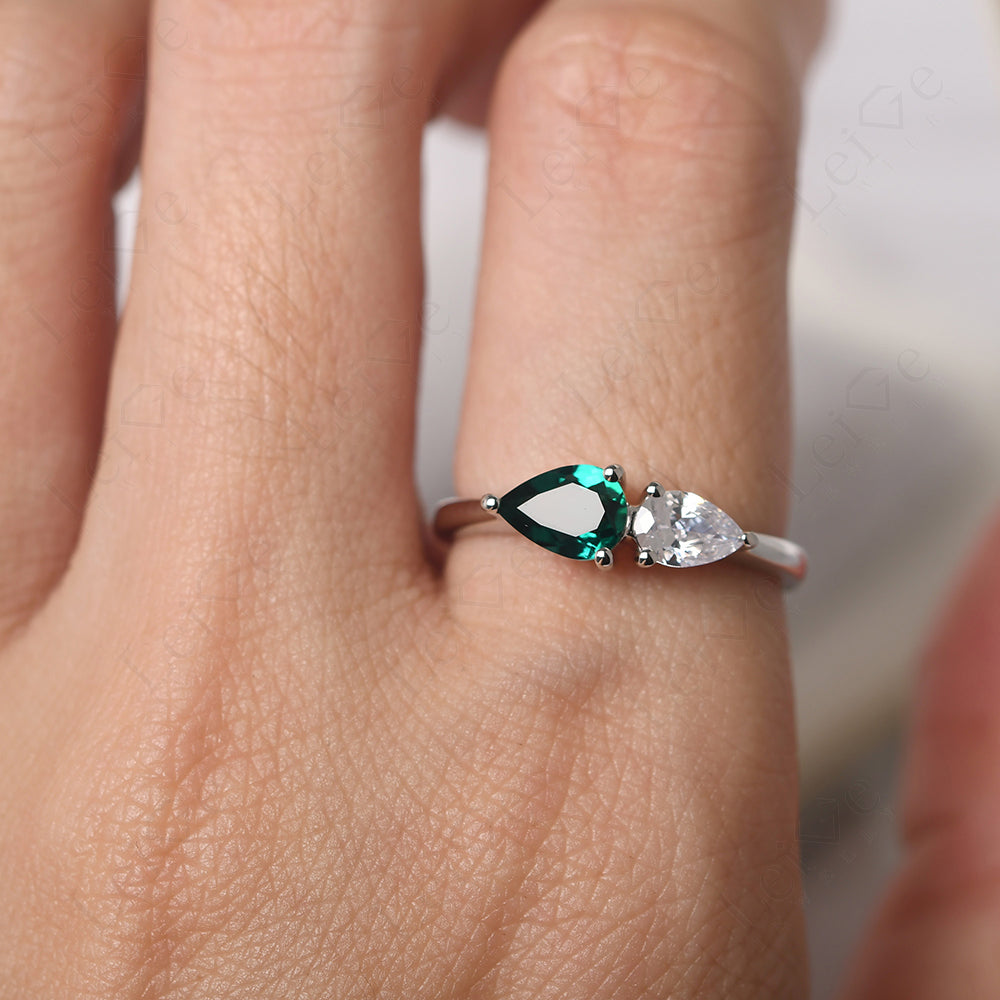 East West Pear Cubic Zirconia And Emerald Ring