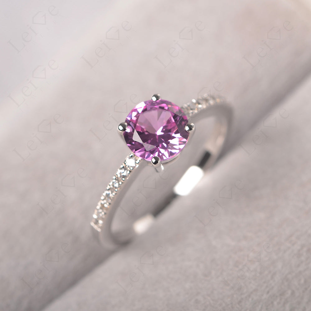 Pink Sapphire Wedding Ring Round Cut Sterling Silver
