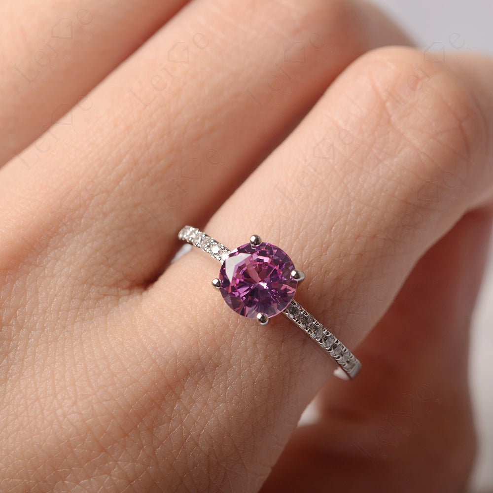 Pink Sapphire Wedding Ring Round Cut Sterling Silver