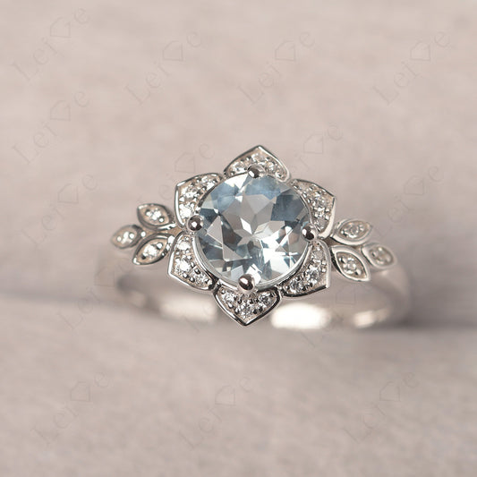 Round Cut Aquamarine Flower Ring Yellow Gold