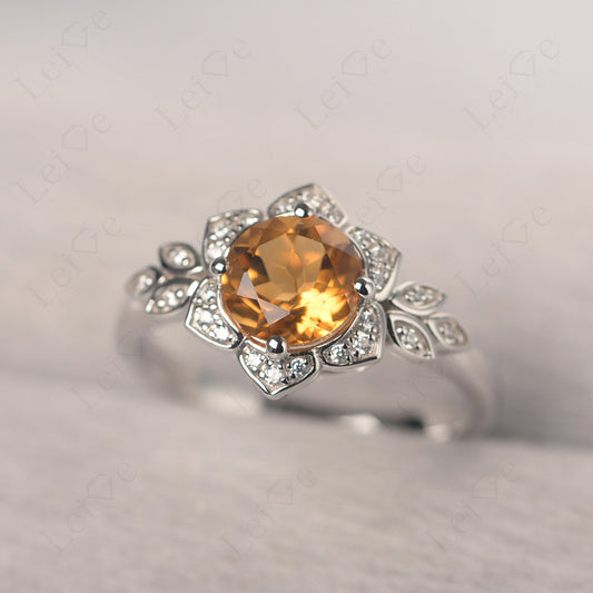 Round Cut Citrine Flower Ring Yellow Gold